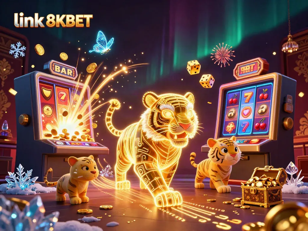 Experience the thrill of link 8KBET as a golden tiger prowls through a vibrant digital casino landscape.