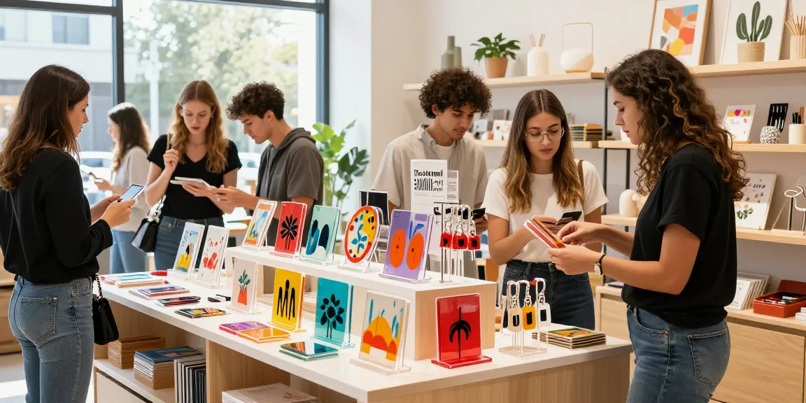 Vibrant scene of customers exploring custom acrylic stands in a lively lifestyle store.
