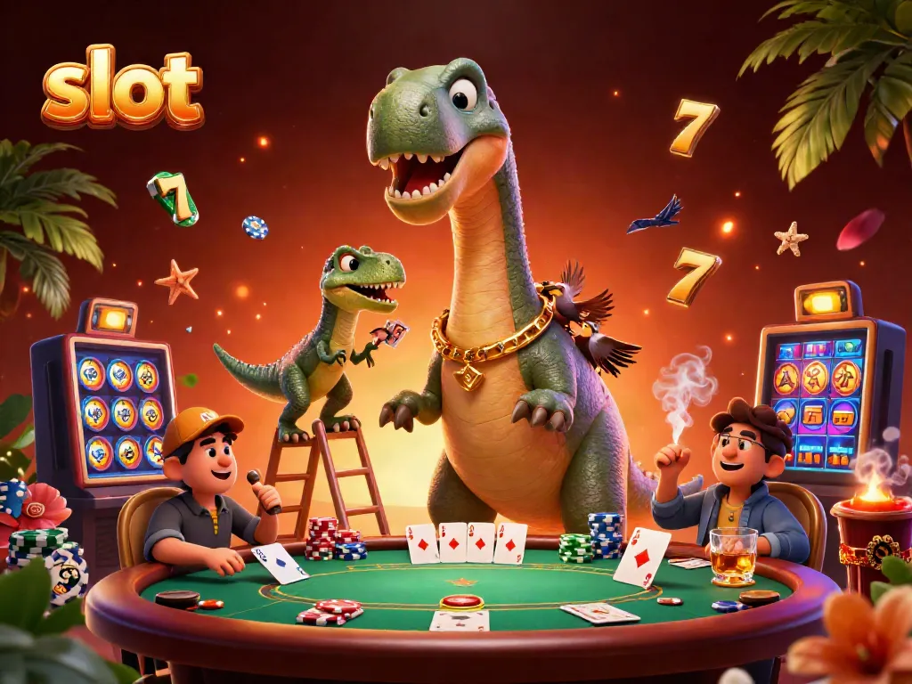 Experience the thrilling game of slots with a dynamic 3D casino scene featuring playful characters.