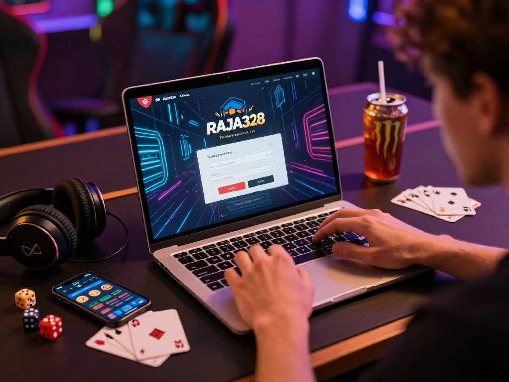 Engaging raja328 login interface on a laptop in a vibrant gaming scene