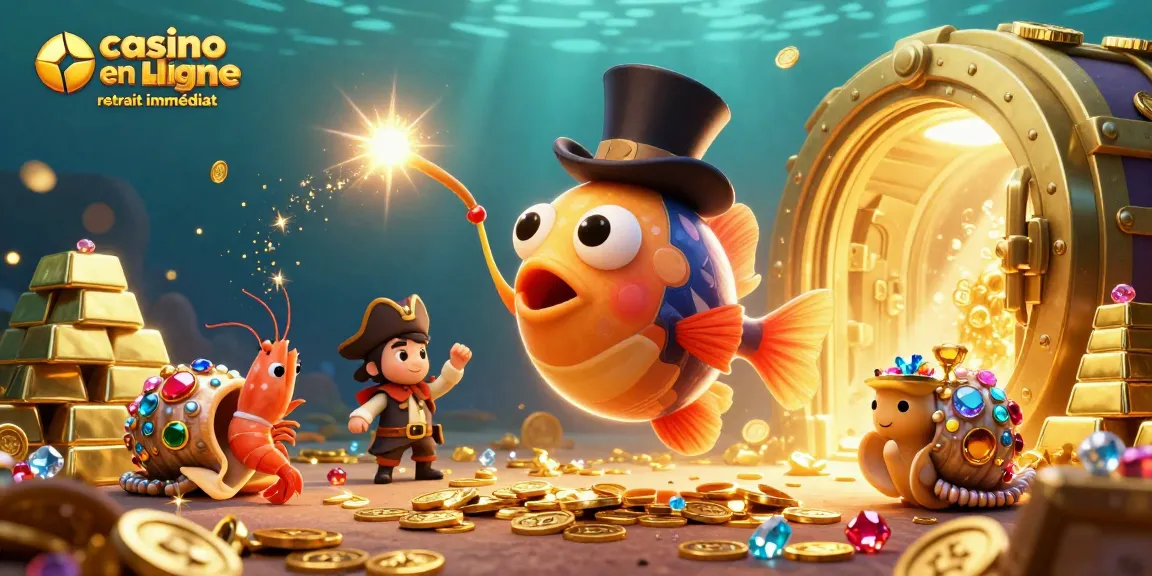 Jeux au casino en ligne retrait immédiat avec des poissons animés captivant des pièces d'or et des joyaux scintillants.