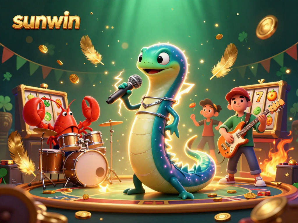 Players enjoying the sunwin slots experience with an electric eel DJ and vibrant underwater casino themes.