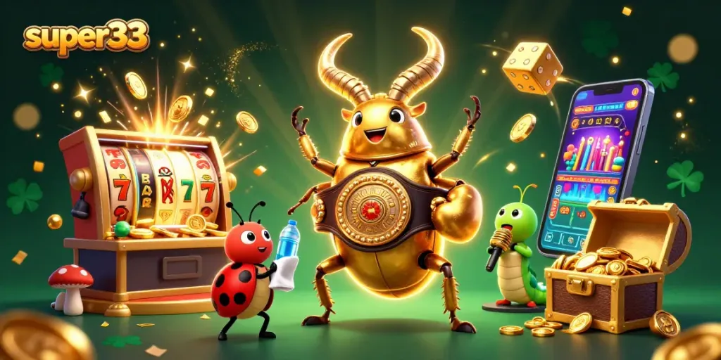 Engaging super33 casino scene with dynamic characters and jackpot symbols for online gambling.
