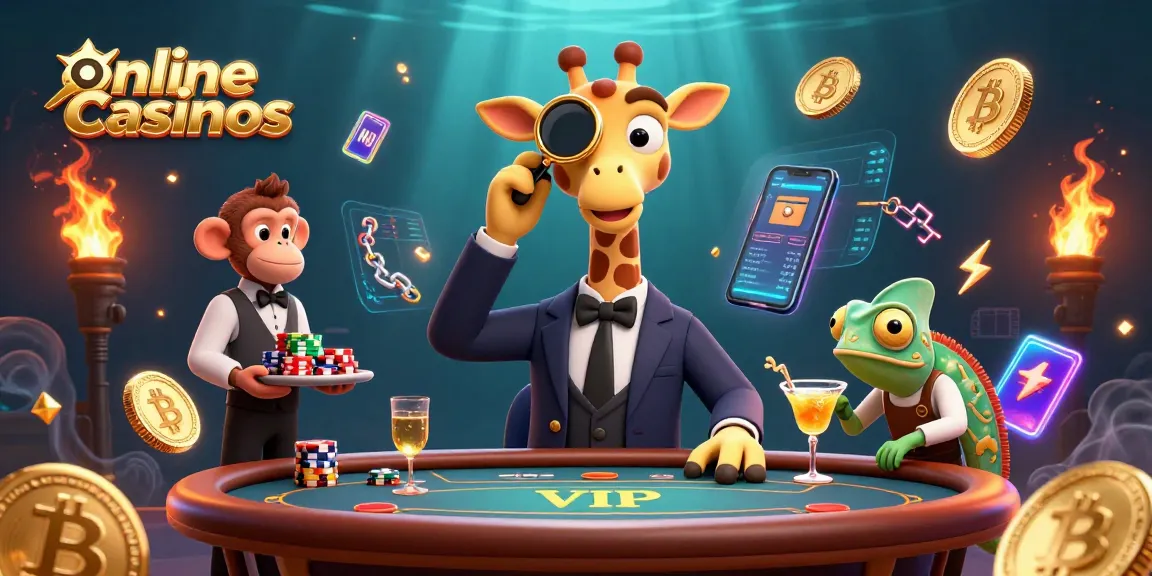 Engage with top online casinos through exciting 3D illustration of a giraffe, monkey, and chameleon in a lively casino scene.