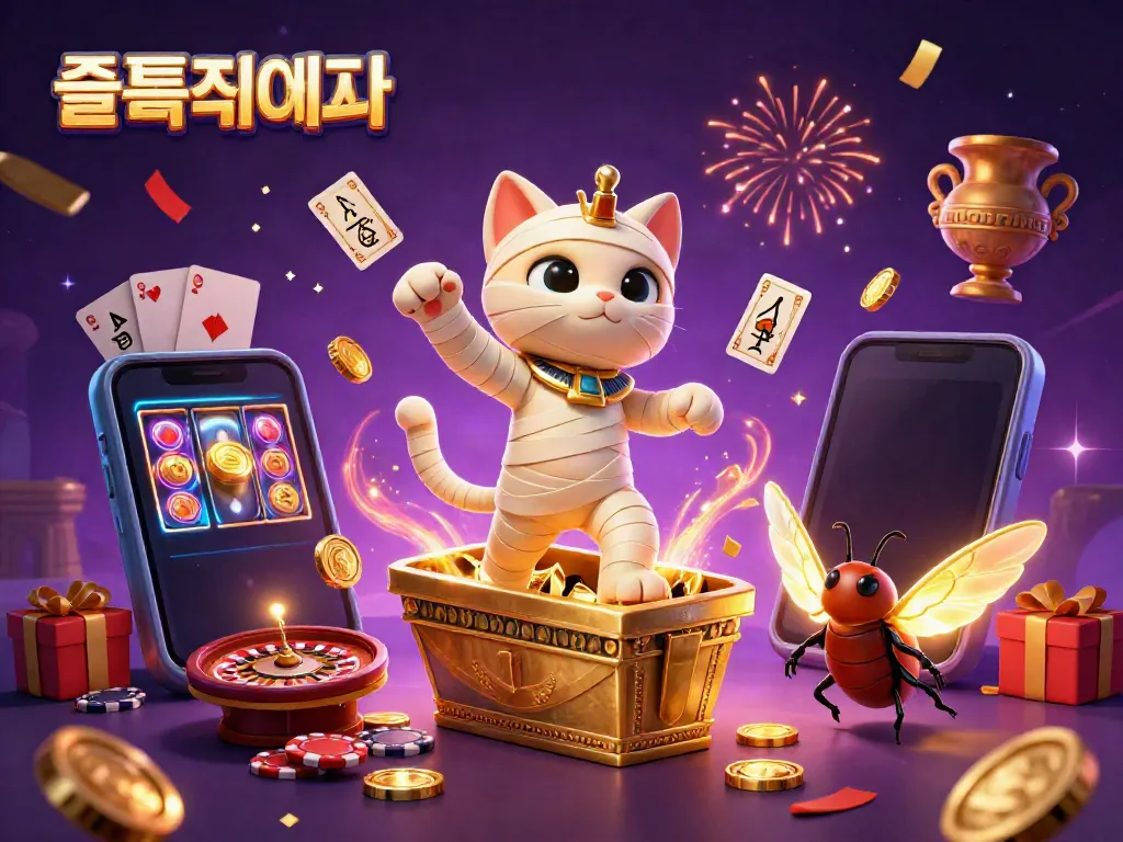 Unleash your luck at 슬롯사이트 with a whimsical Egyptian-themed casino scene featuring a mummy cat and glowing scarab.