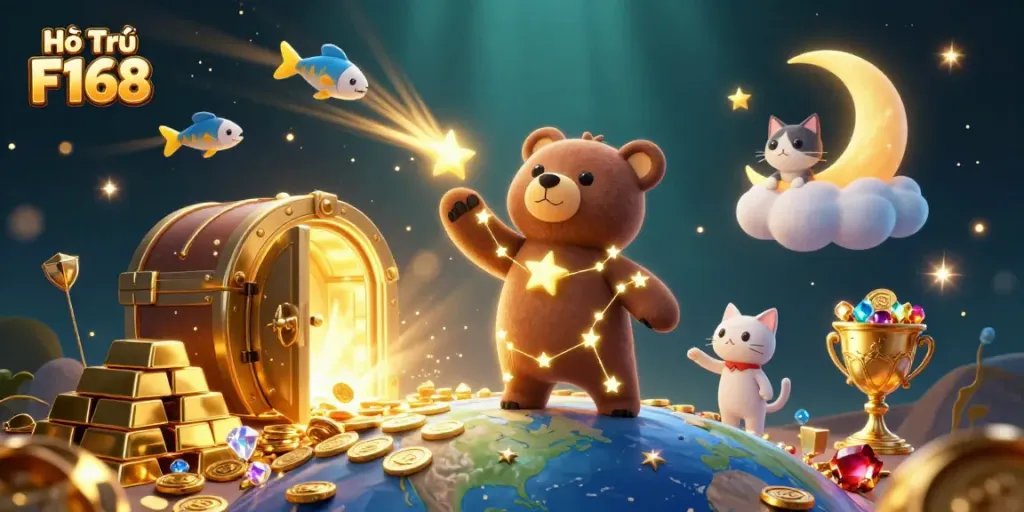 Engage with Hỗ Trợ F168 as a constellation bear scoops up coins amidst dazzling casino treasures.