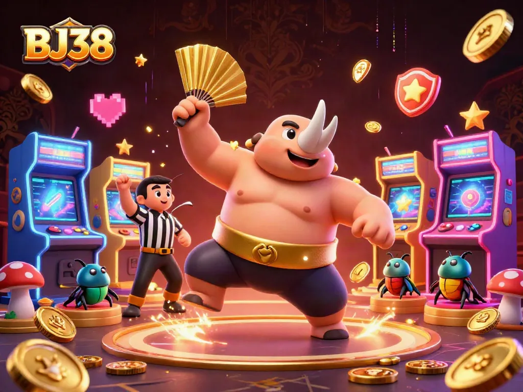 Feel the thrill of BJ38 as a rhinoceros beetle champion sends coins flying in this vibrant casino scene.