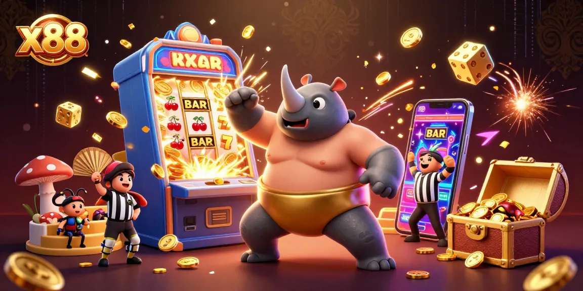 x88 showcases a triumphant rhinoceros beetle champion amid flying coins and a jackpot explosion.