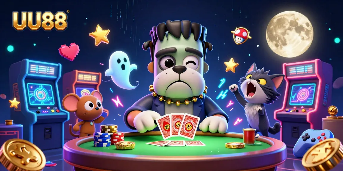 UU88 gaming experience with a Frankenstein bulldog dealing cards and a floating ghost mouse at a vibrant casino table.