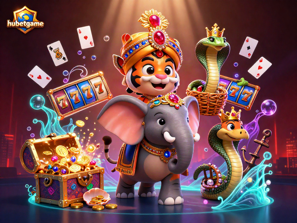 Experience the thrill of hubetgame with a vibrant 3D casino scene featuring majestic characters and dynamic slot elements.