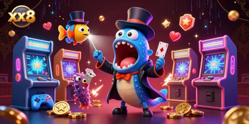 Engage in the interactive magic of xx 8, featuring 3D characters and vibrant gaming elements.