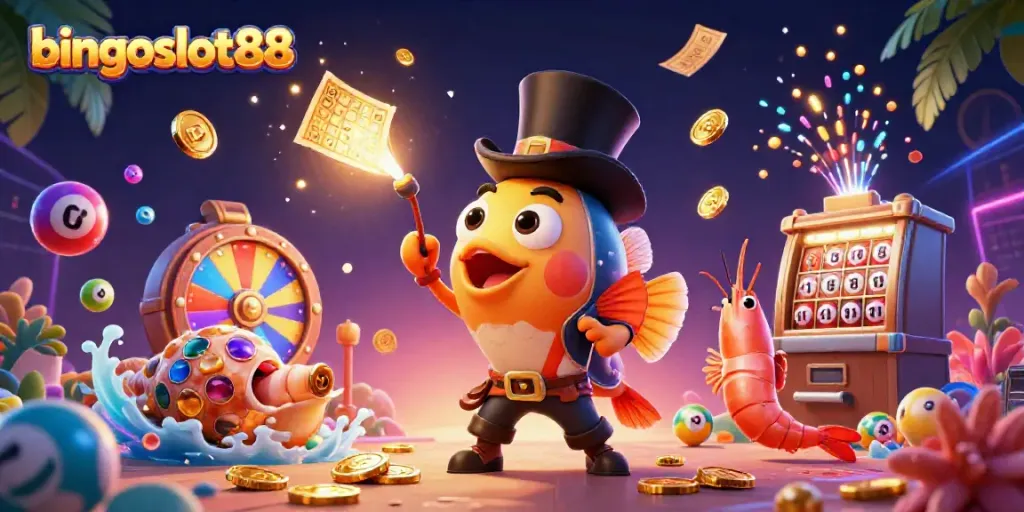 Permainan bingoslot88 yang menarik dengan ikan pemancing berdasi, udang bajak laut, dan siput laut berkilau.