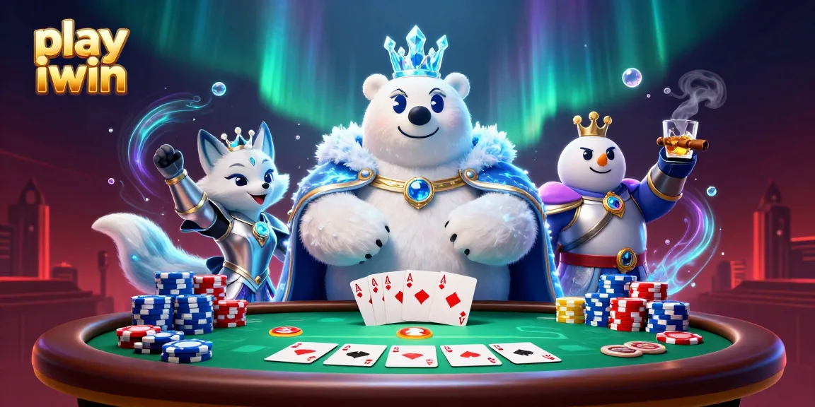 Play iwin in a vibrant casino scene with an ice king polar bear and poker elements.