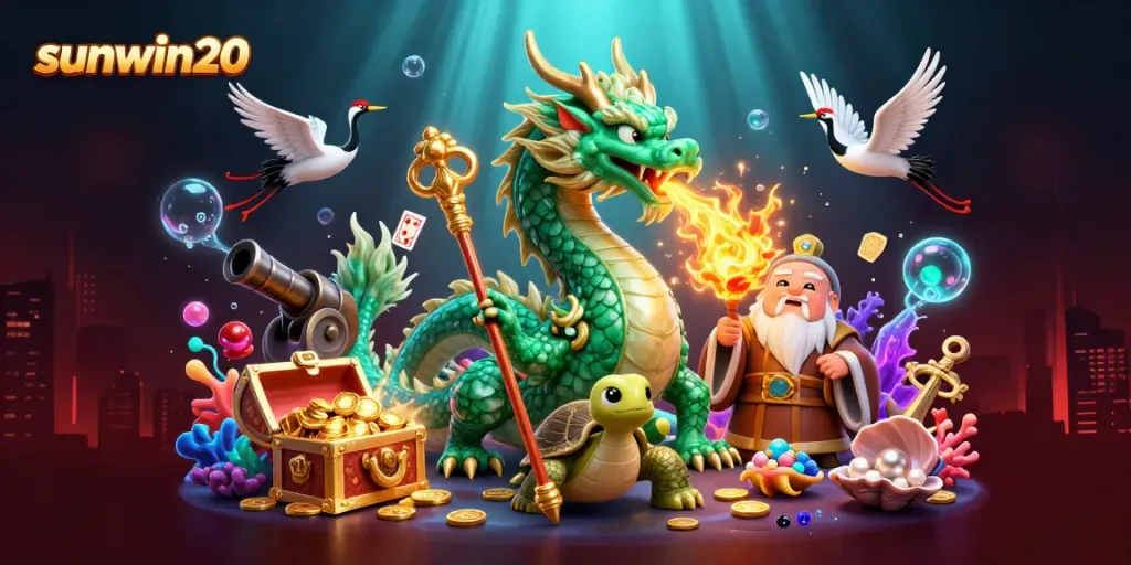 Experience the thrill of sunwin20 with a dynamic scene featuring a jade dragon and a turtle sage amidst sparkling treasures.