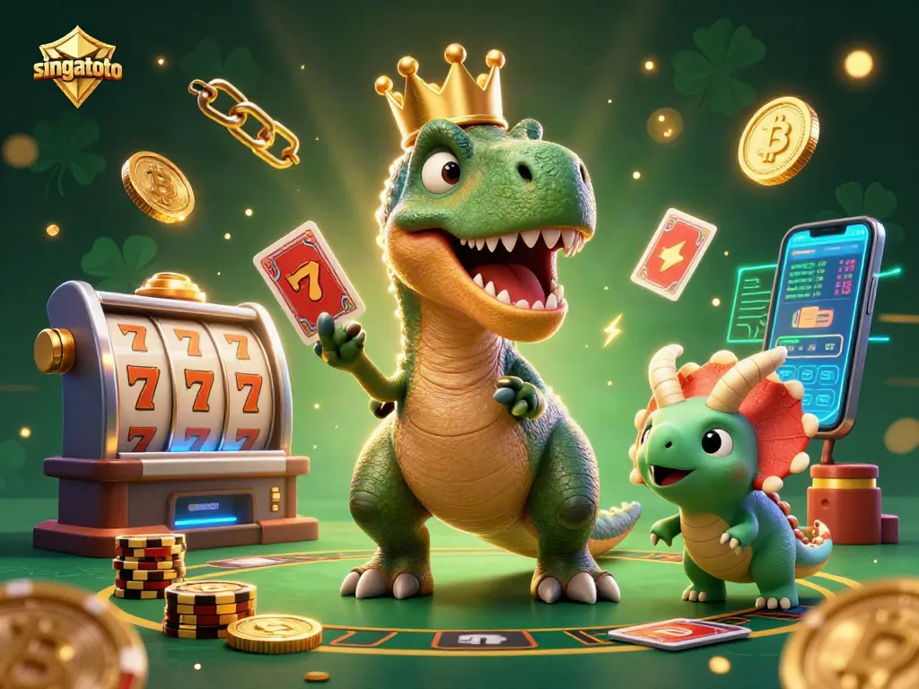 Experience singatoto's vibrant casino scene featuring a playful T-Rex and friends at the gaming table.