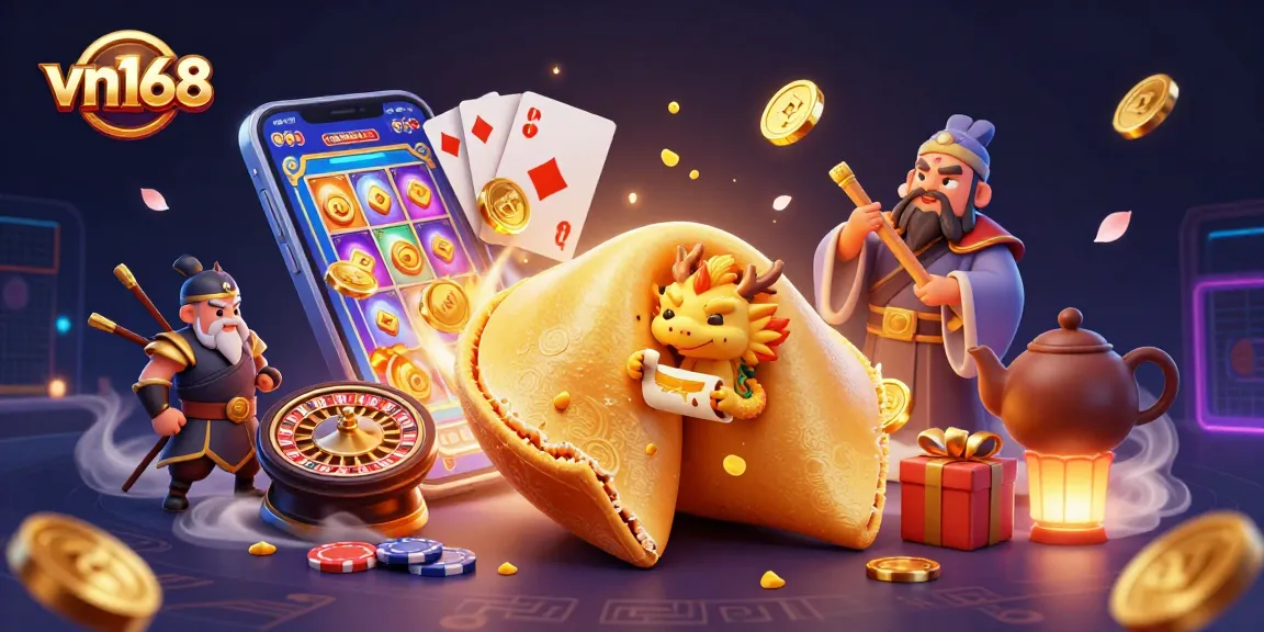 Win big with vn168's colorful illustration of a golden fortune cookie and exciting gaming elements!