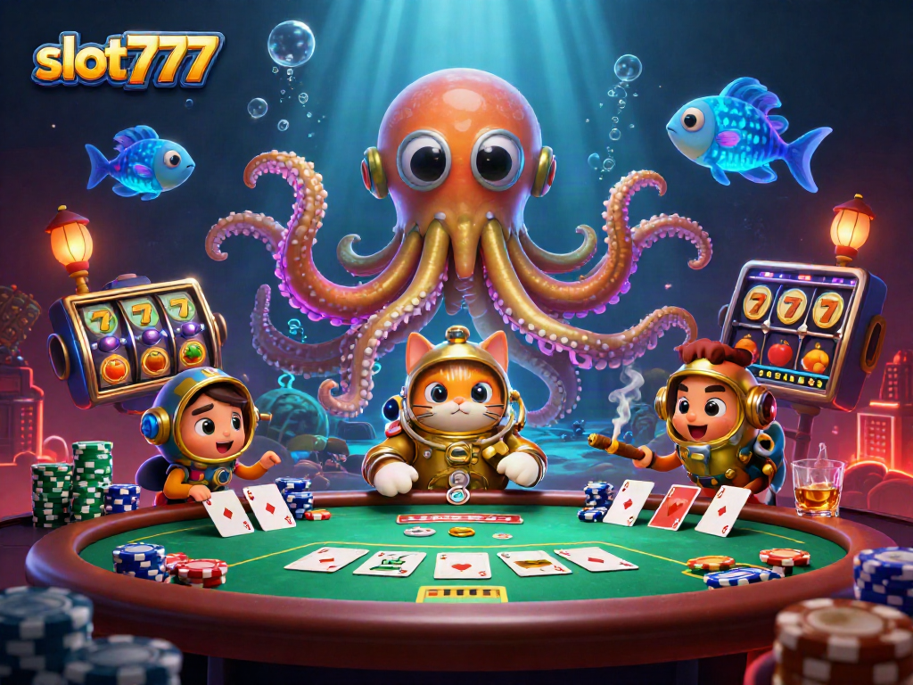 Spin the slot777 reels in an epic casino scene featuring a kraken and diving cat.
