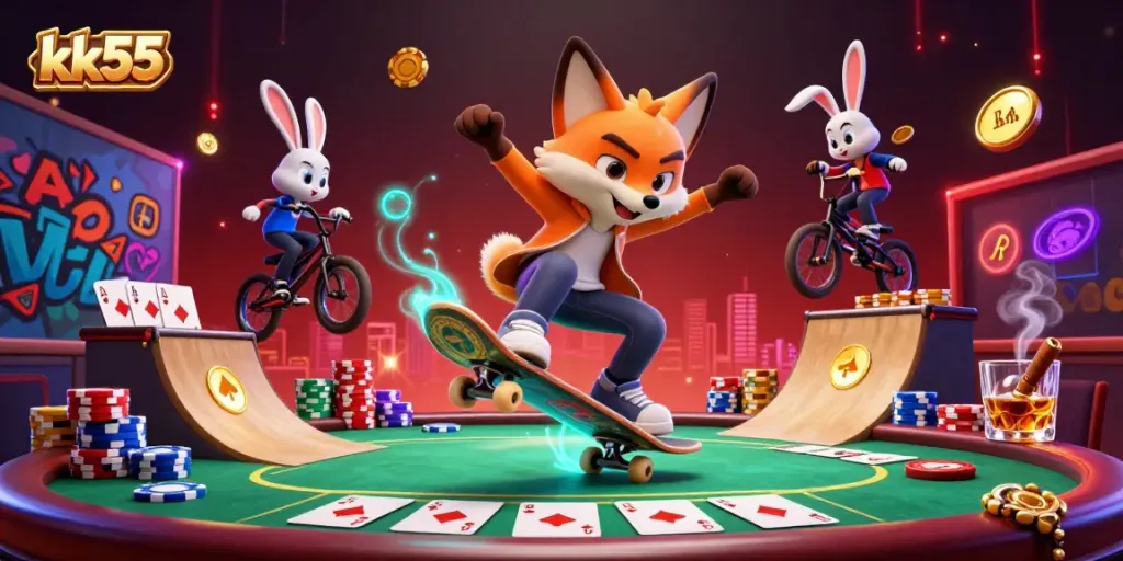 Experience kk55 excitement with vibrant characters performing stunts in a lively casino scene.