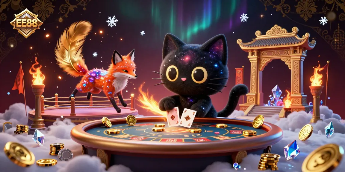 Engage in thrilling gameplay at EE88, illustrated with a cosmic casino featuring celestial characters and dynamic gaming elements.