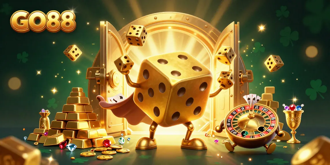 Experience thrilling gameplay at GO88 with golden dice and gems amid majestic casino treasures.