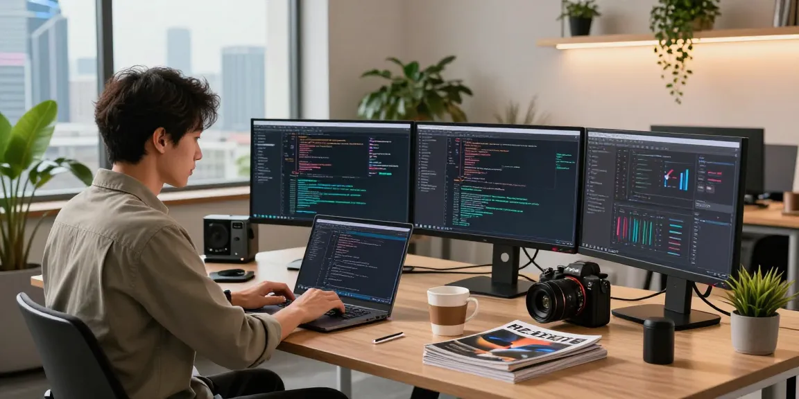 Engineer coding with NAGA2000 in modern office overlooking urban skyline.