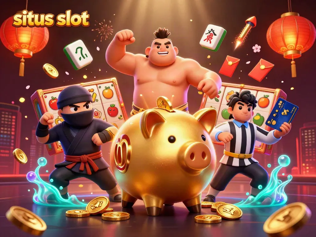 Engage in situs slot excitement with a dynamic scene featuring a golden piggy bank sumo wrestler and vibrant gaming elements.