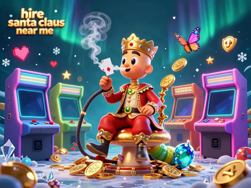Hire Santa Claus near me graphic featuring colorful casino elements, perfect for holiday events.