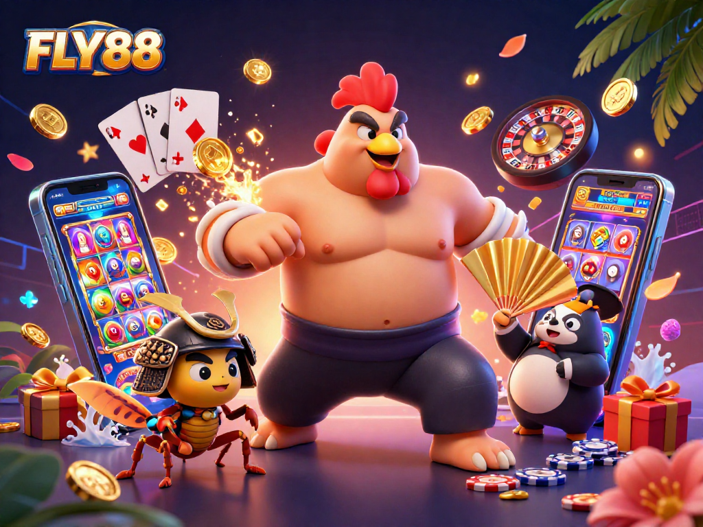FLY88 engages players with a vibrant, ultra-detailed 3D illustration of unique gambling elements.