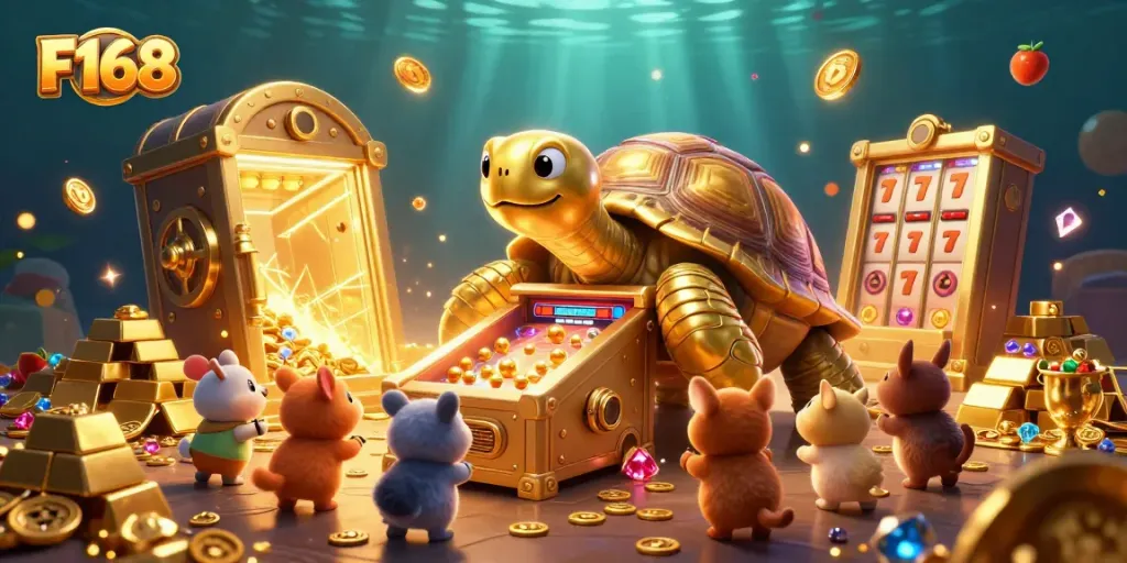 Experience the fun of F168 with an exciting scene featuring a golden tortoise pinball machine and casino elements.