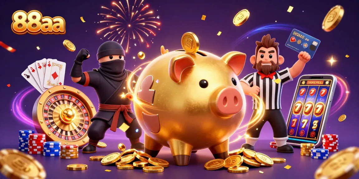 Engage with 88aa through an exhilarating cartoon scene of gold coins and vibrant casino elements.