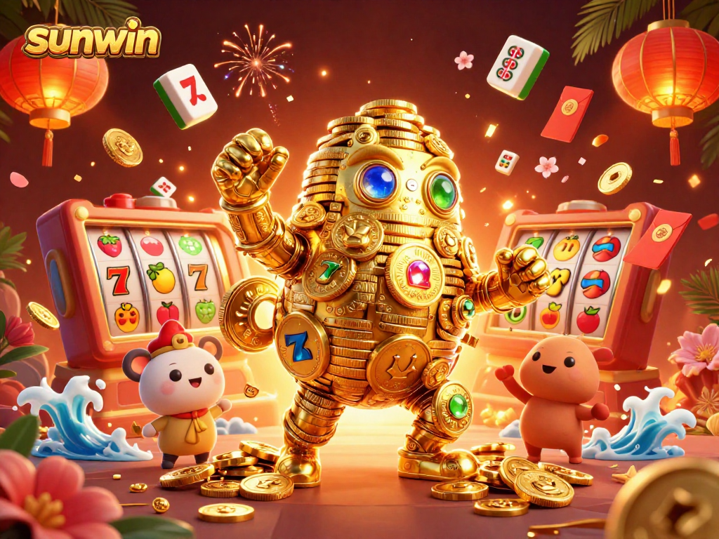Experience the thrill of sunwin with a dynamic illustration of a golden golem amidst vibrant casino elements.
