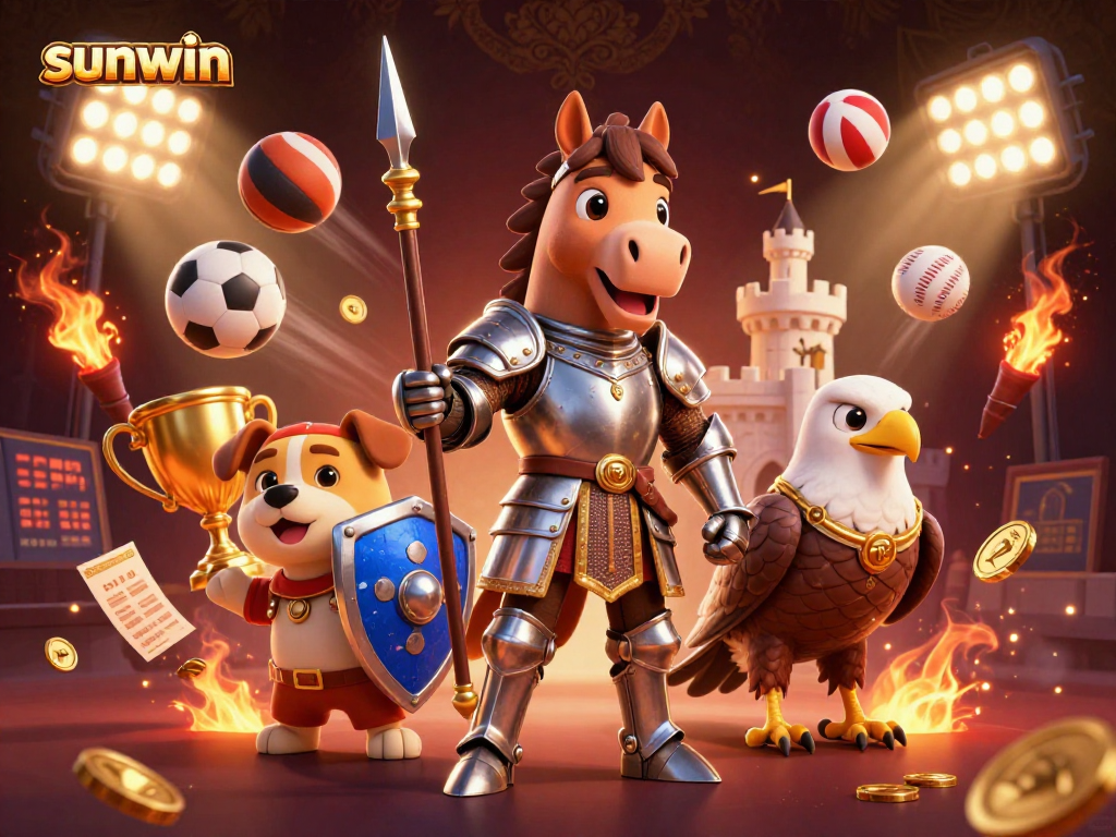 Experience sunwin with this vibrant scene of knights and sports elements dynamically blending together.