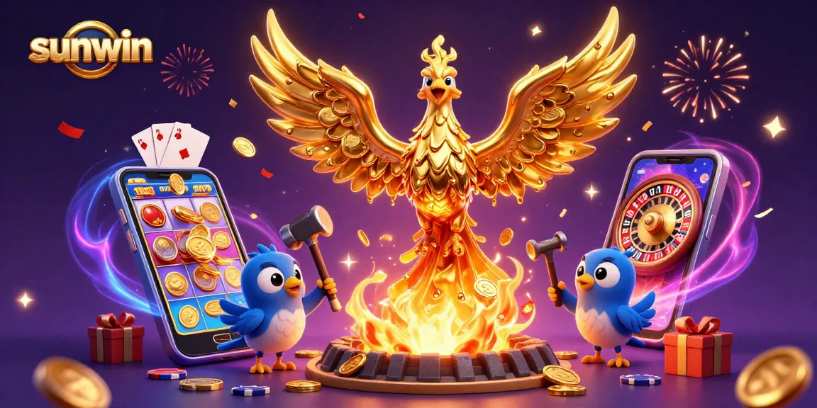 Win with sunwin's 3D phoenix and vibrant casino elements in a dynamic gaming atmosphere.