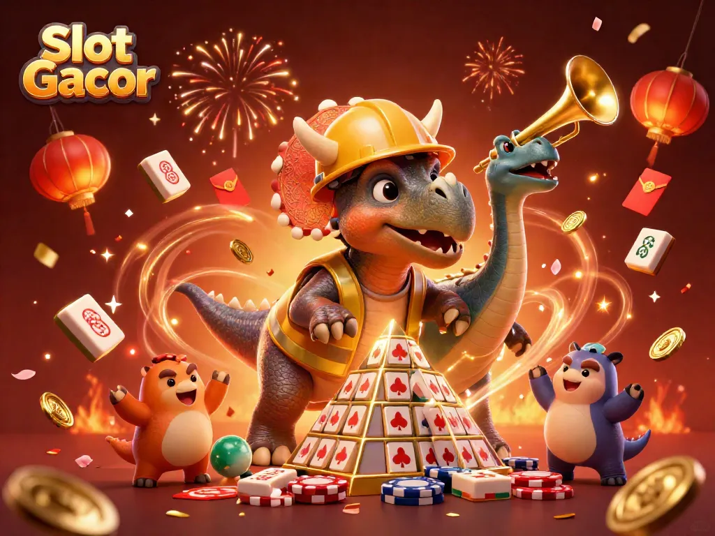 Slot Gacor menghadirkan triceratops membangun piramida reel slot di kasino yang meriah.