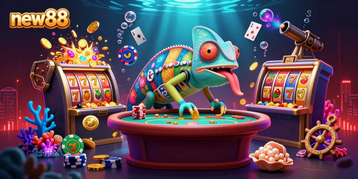 Experience the excitement at new88 with a vibrant chameleon casino owner amidst slot reels and treasure!