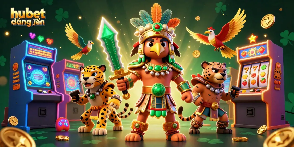 Engage with hubet đăng nhập for thrilling slots gameplay featuring vibrant Aztec warriors and lively casino elements.