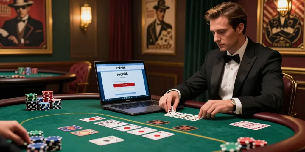 Stylish player accessing rokok88 login in elegant virtual casino setting.
