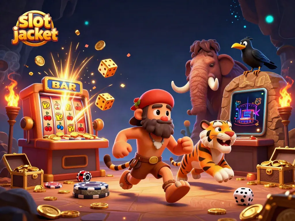 Experience the excitement of a slot jackpot with a playful caveman, sabertooth tiger, and crow in a vibrant prehistoric casino scene.