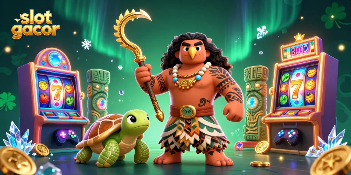 Menangkan slot gacor dengan ilustrasi 3D penuh warna yang menampilkan dewa Maui dan elemen kasino menarik.