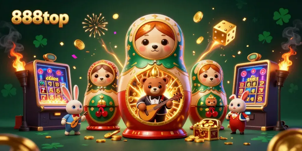 Experience thrilling jackpots at 888top with vibrant casino imagery and unique character design.