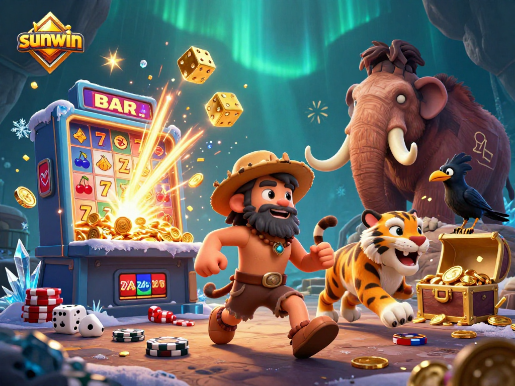 Experience exciting slots at sunwin with vibrant illustrations of a prehistoric casino scene.