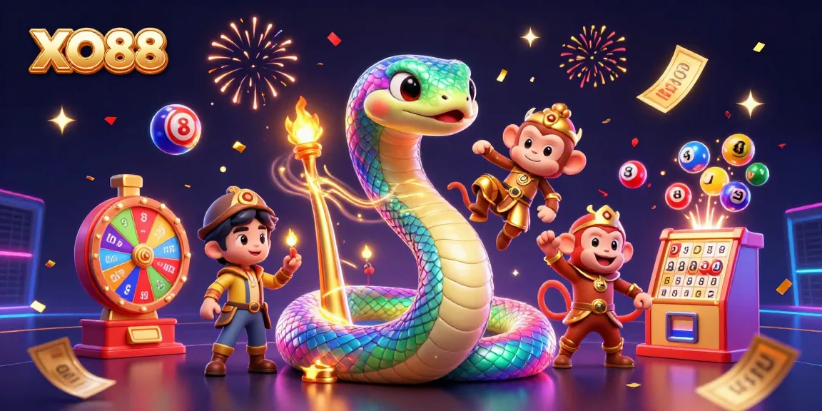 Experience thrilling gaming with XO88's vibrant 3D casino illustration showcasing a rainbow serpent and golden monkey king.