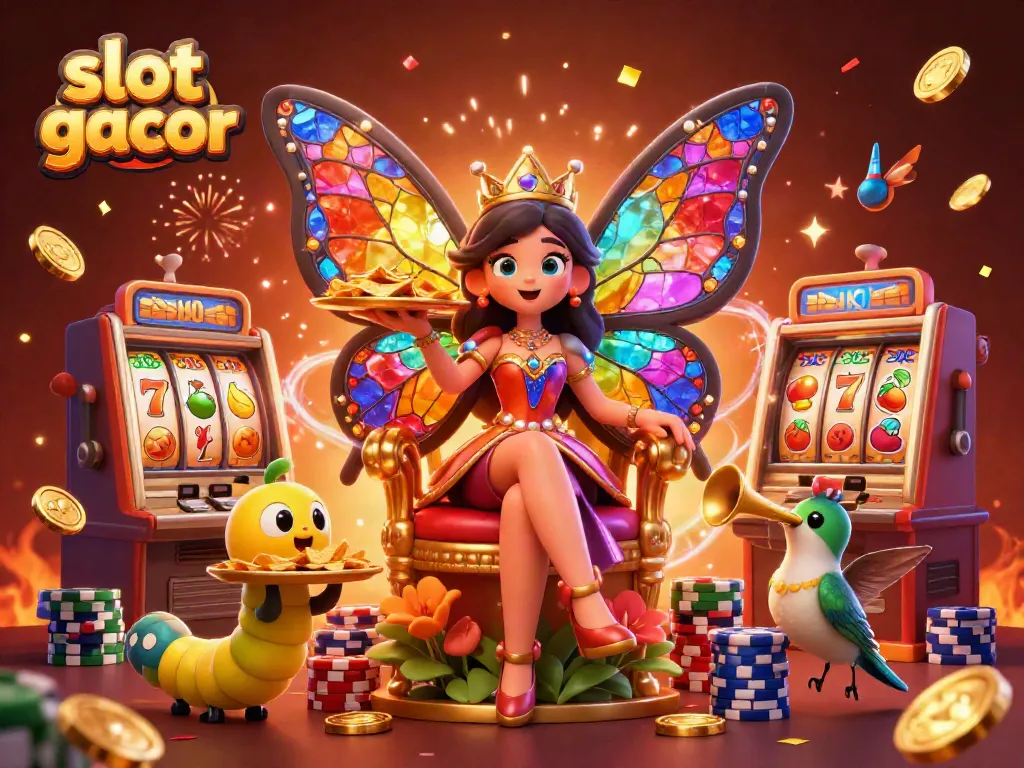 Experience the excitement of slot gacor with a vibrant 3D illustration featuring a butterfly queen and dynamic casino elements.