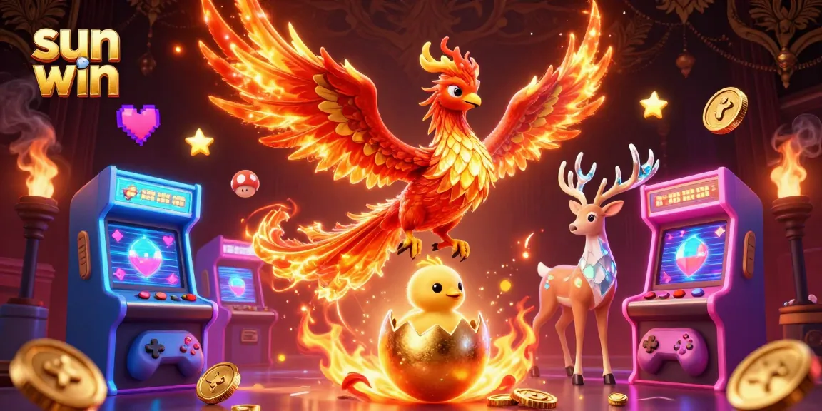 The sun win symbolizing excitement in this vibrant casino illustration with phoenix and gaming elements.