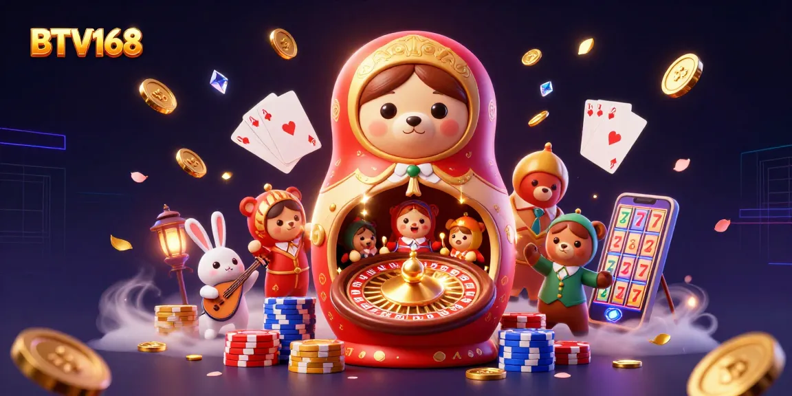 BTV168 features vibrant 3D casino-themed illustration with playful bears and coins, reveal your luck!