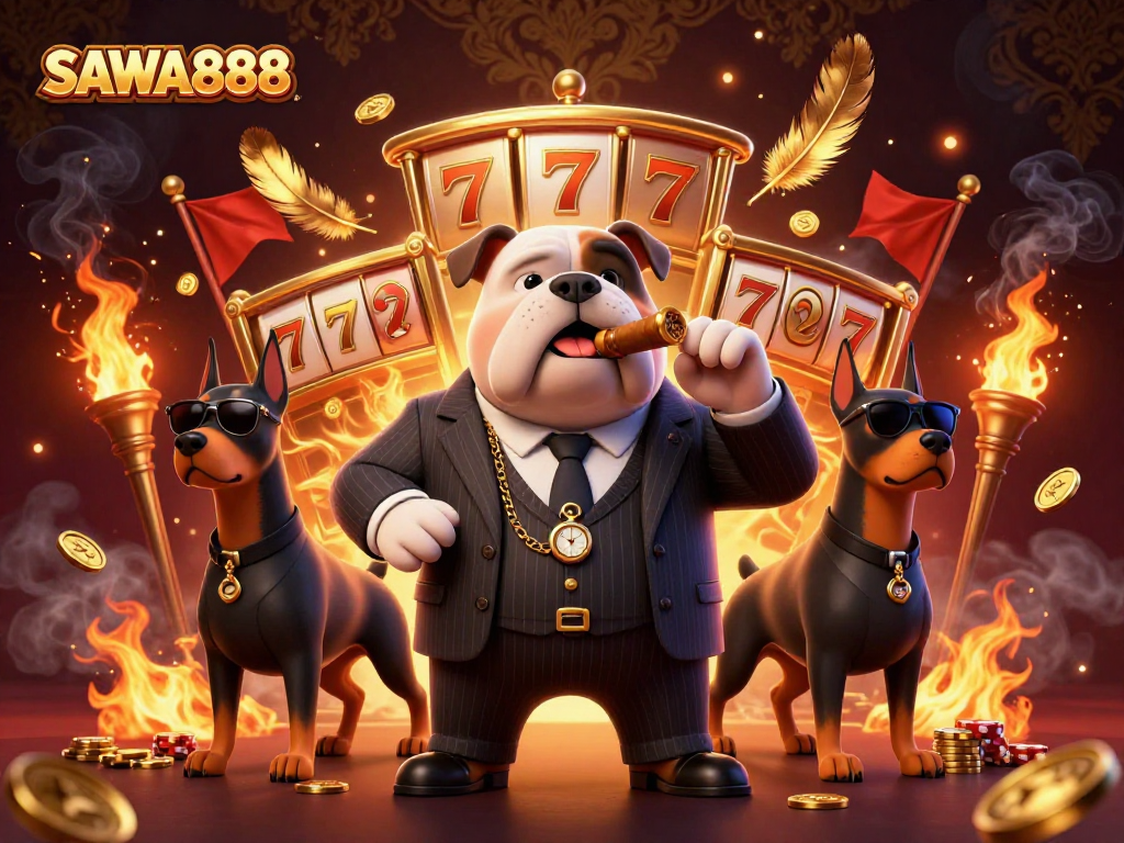 Engage in thrilling games at SAWA888 with the animated mafia boss and his bodyguards.