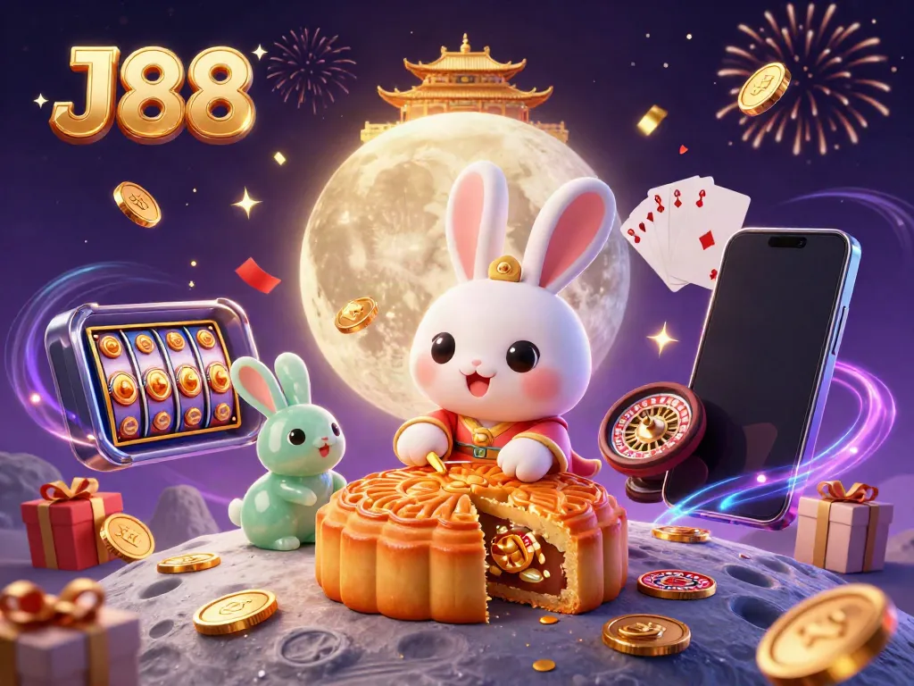Engage with the J88 magic as the moon rabbit reveals poker chips inside mooncakes amidst a festive casino scene.