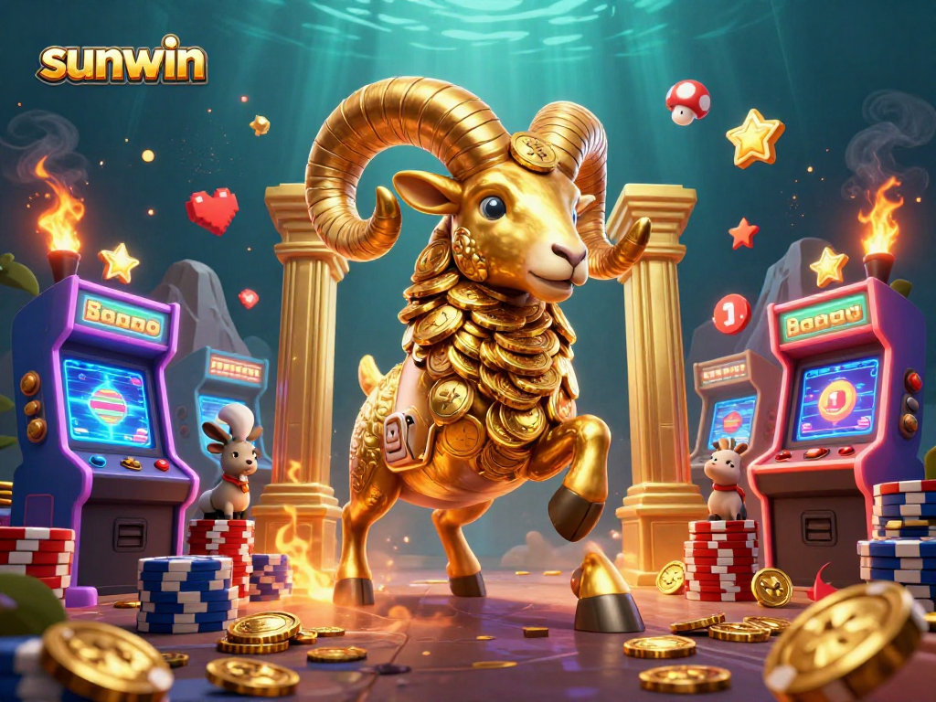 Engage with the sunwin golden ram charging through a vibrant casino game landscape.