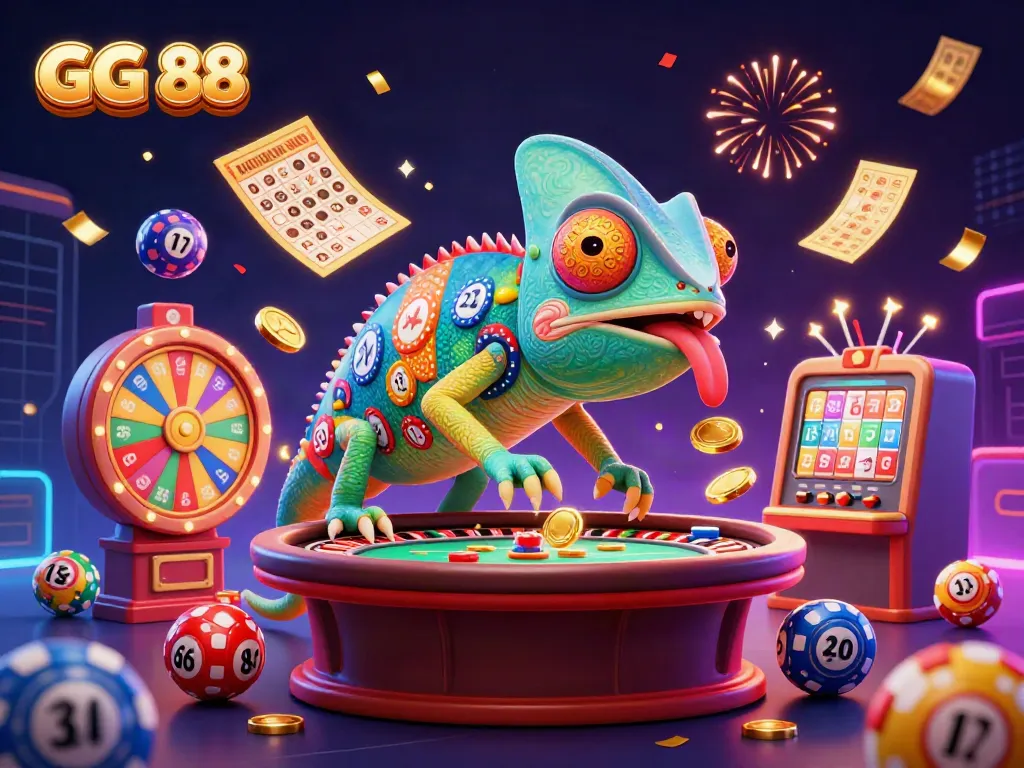 Experience the vibrant world of GG 88 casino with a chameleon character earning golden coins!