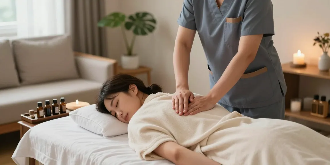 길동출장안마 service with a therapist providing a Swedish massage in a calming home environment.